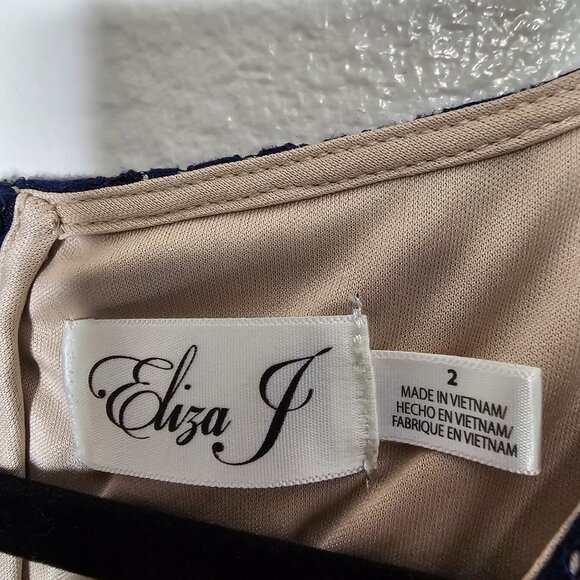 Eliza J 2 Navy Blue Nude Lace Overlay Shift Dress Flounce Hem Cocktail Event - Picture 3 of 6